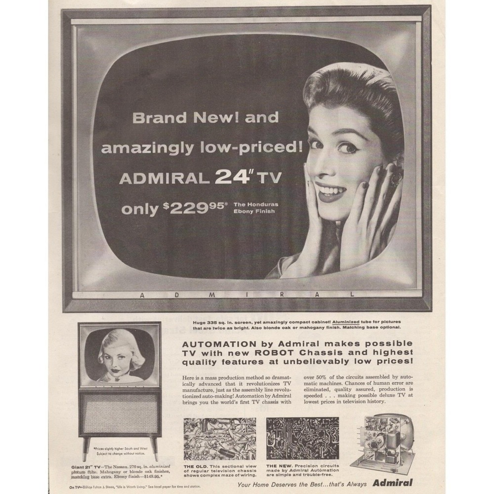 1955 Admiral 24 Inch TV Vintage Print Ad Mid Century Television Retro‎ Decor